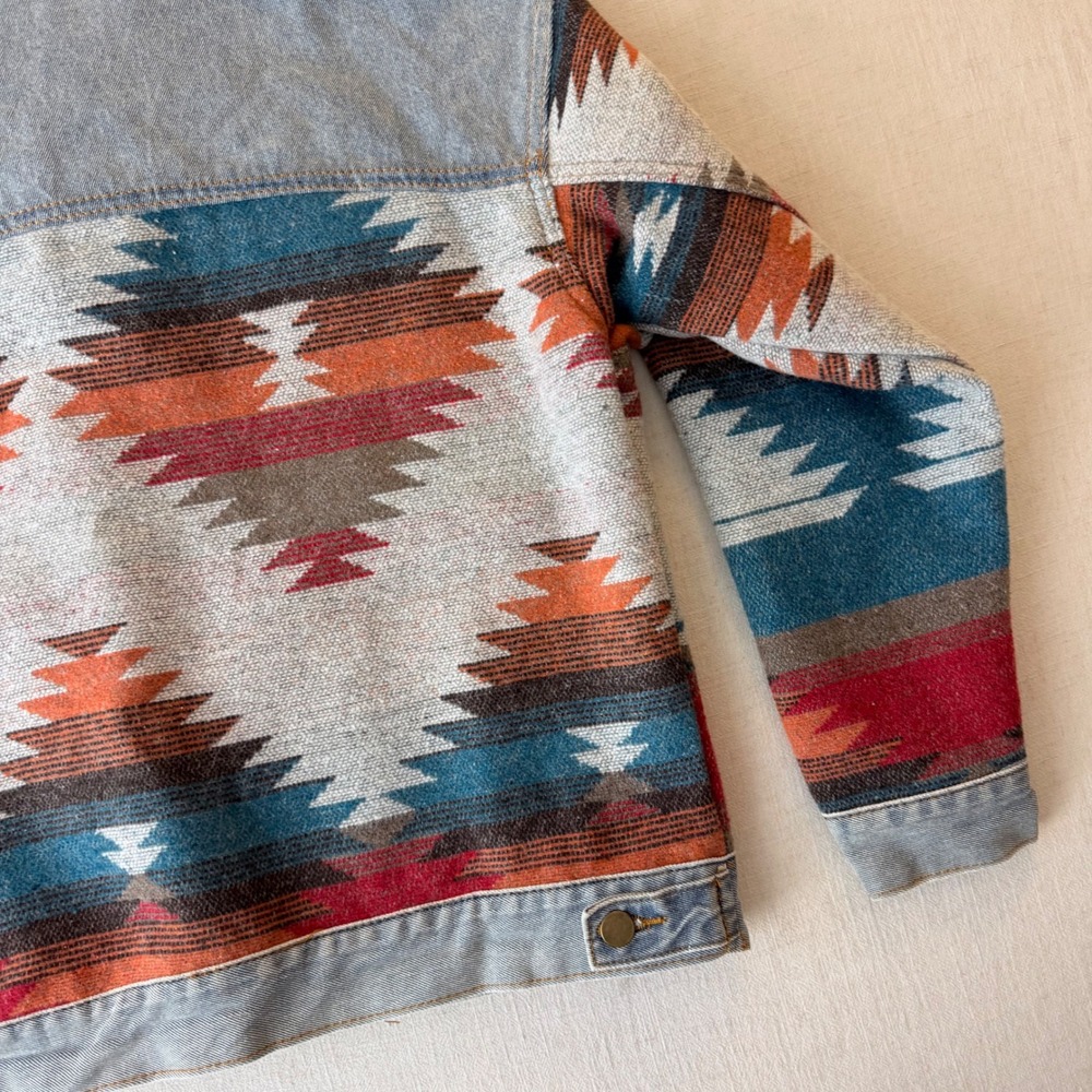 Polagram Aztec Tapestry Denim Jacket Oversized Southwestern Women Small Blue - Picture 10 of 11